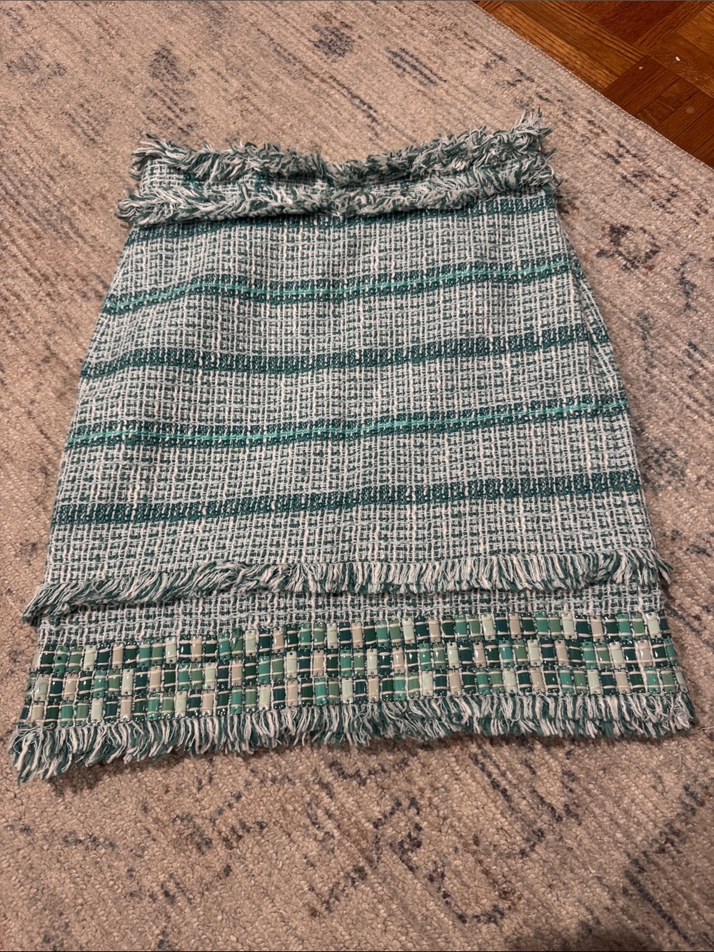 Tory Burch Teal and Cream Tweed Fringed Mini Skirt